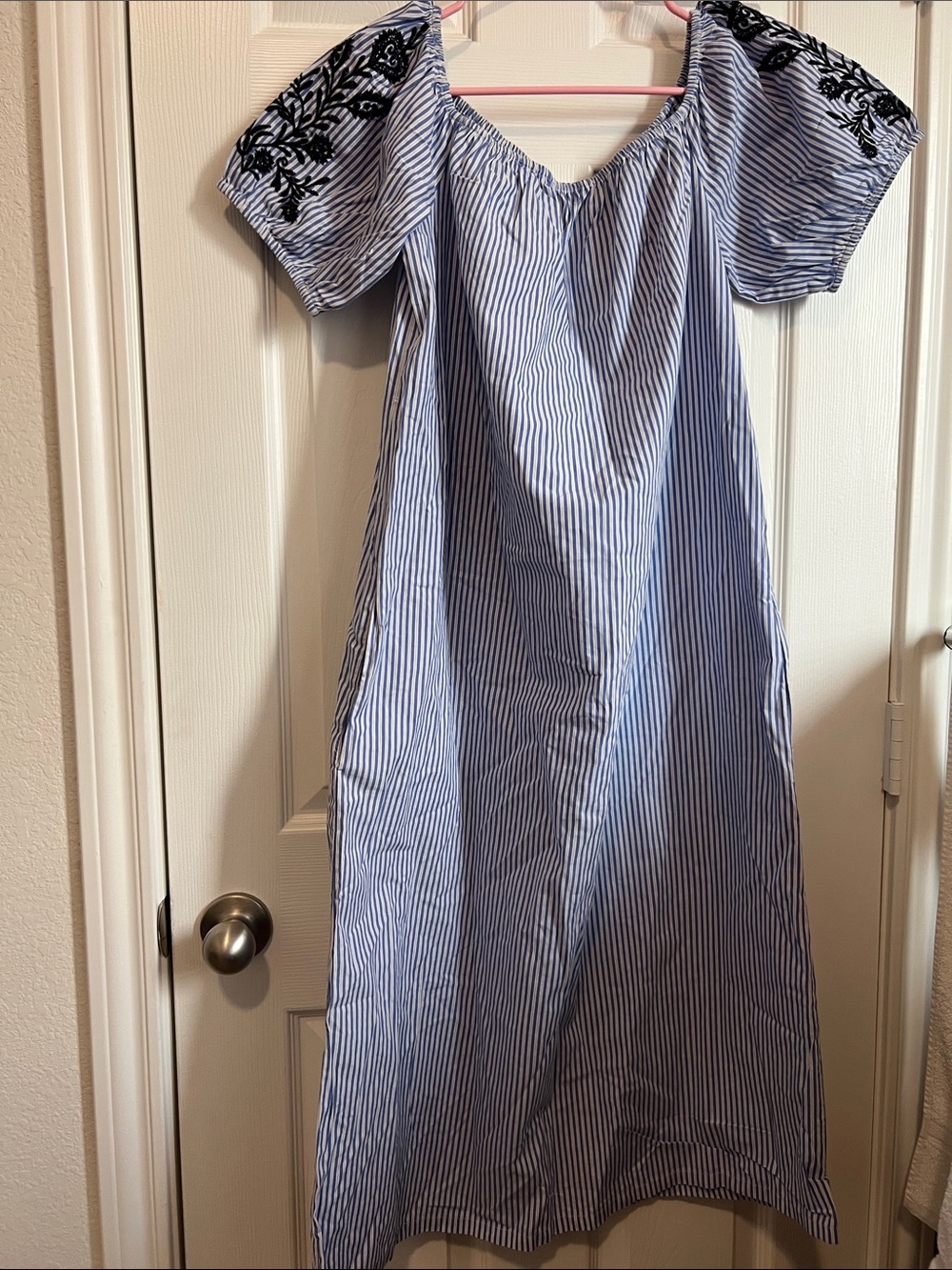 Striped Blue Off-Shoulder Maxi Dress with Embroidered Sleeves